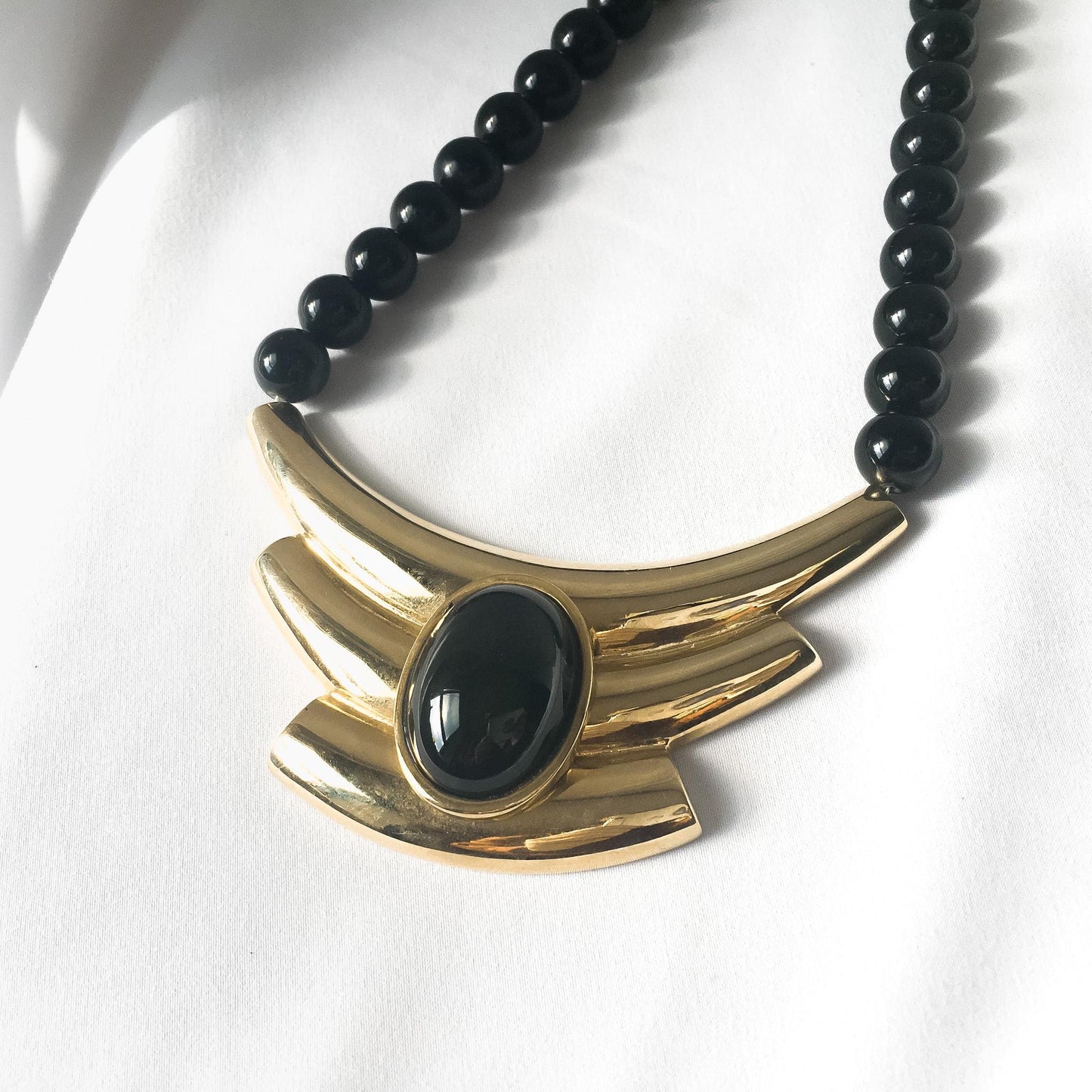 Vintage Alexis Kirk Black Beaded Gold Toned Abstract Bib Necklace, 17", Vintage Modernism Statement Necklace