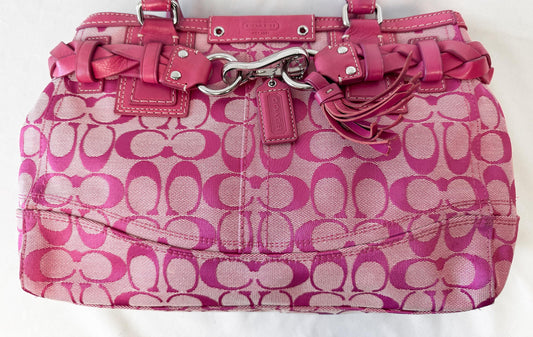 Y2K 00s Coach Hot Pink Hampton Signature Monogram Braided Strap Carryall Shoulder Tote Bag, Style 13065