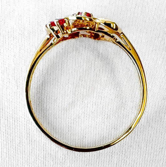 Vintage 10K Yellow Gold Diamond Ruby Double Heart Ring, Sz. 10.25