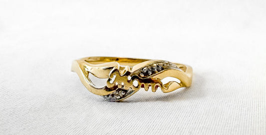 Vintage 10K Yellow Gold "Mom" Monogram Diamond Accent Ring, Sz. 9.75/10