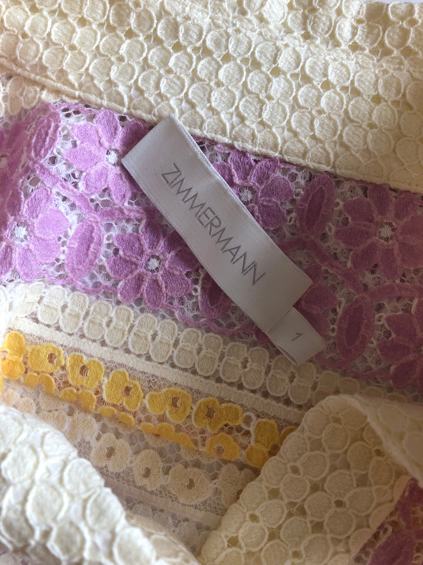 Lace Striped ZIMMERMANN Purple and Yellow Guipure Lace Blouse, Sz. 1