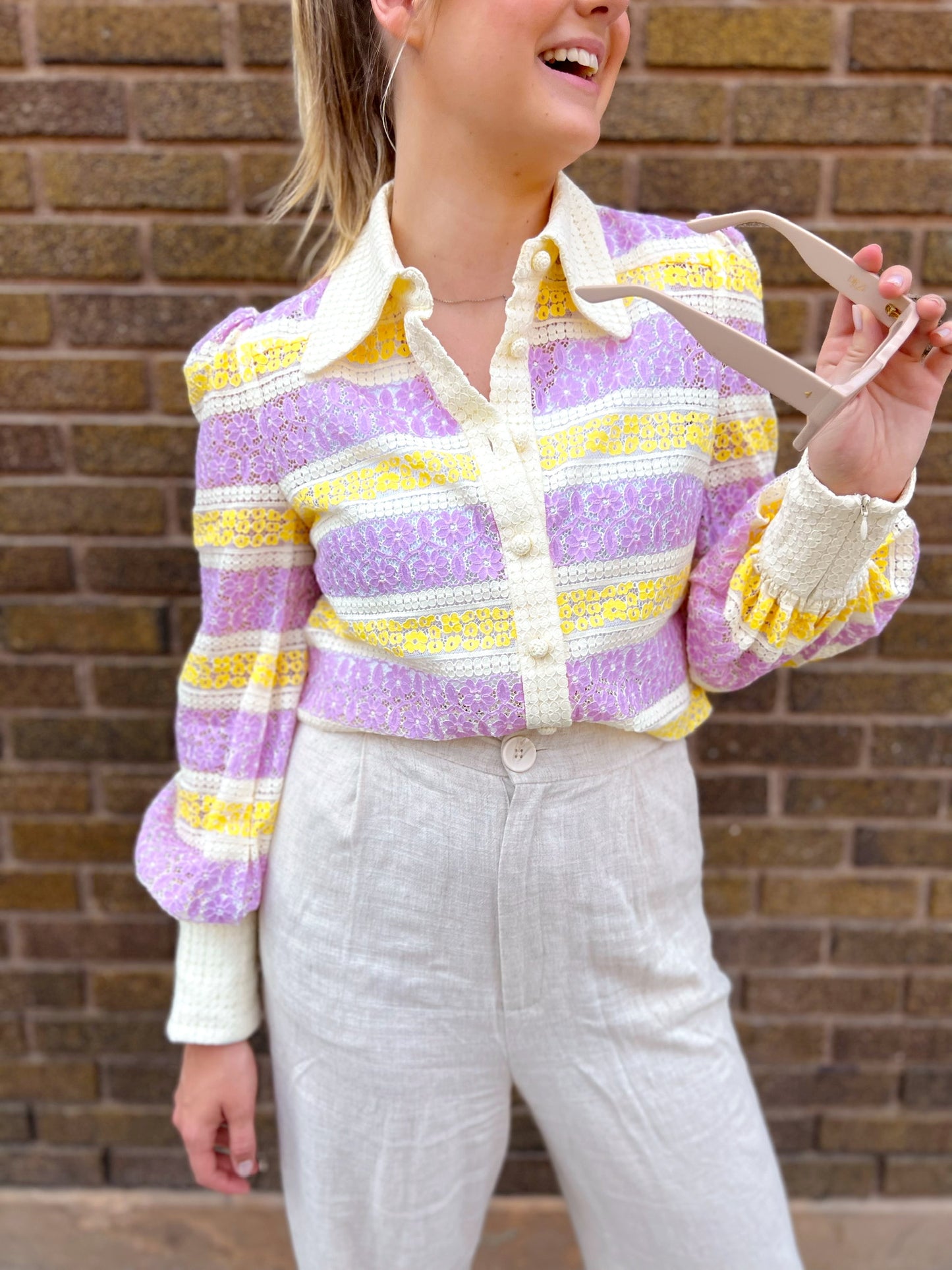 Lace Striped ZIMMERMANN Purple and Yellow Guipure Lace Blouse, Sz. 1