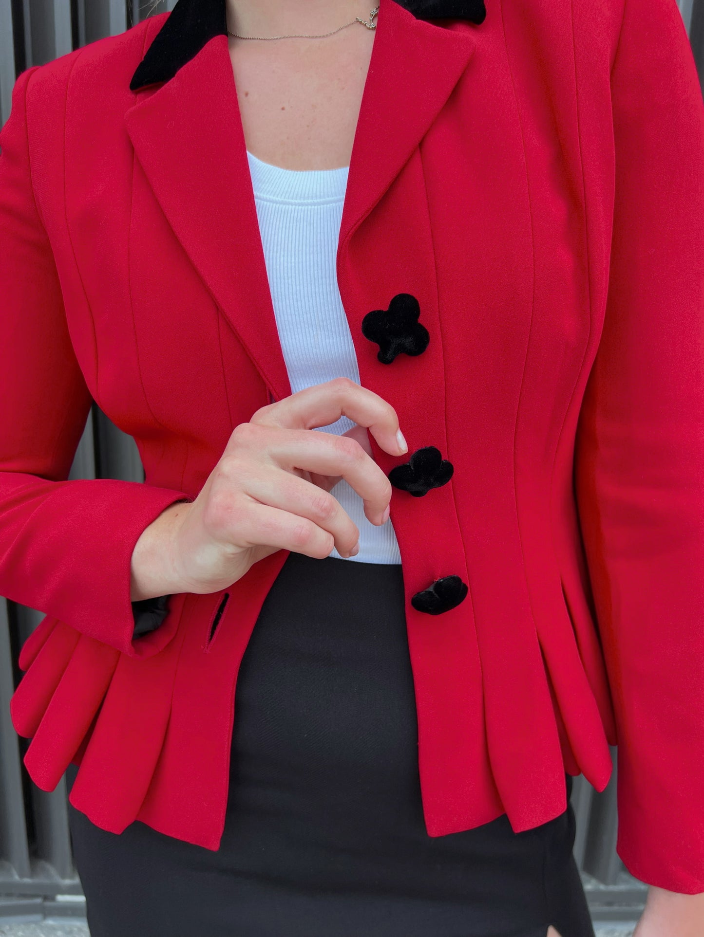 Red Pleated Peplum "Cheap & Chic" by Moschino Blazer with Velvet Detail, Sz. 8