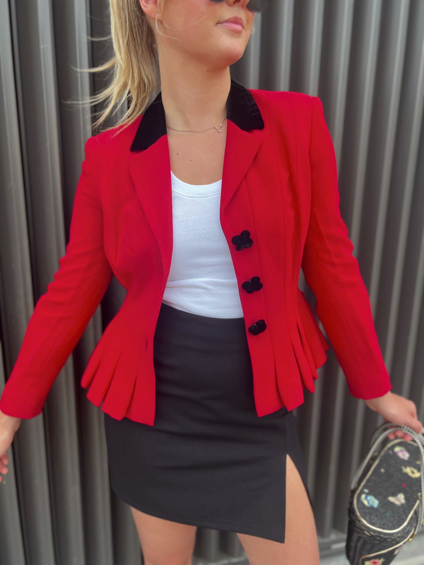 Red Pleated Peplum "Cheap & Chic" by Moschino Blazer with Velvet Detail, Sz. 8
