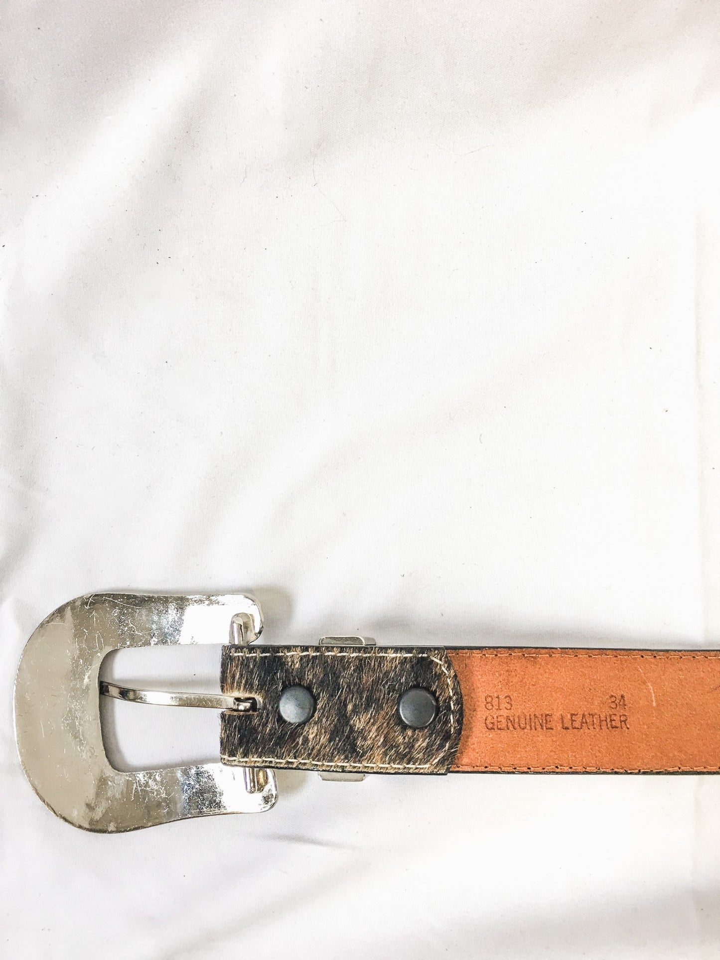 3-D Belt Co. Brown Animal Print Fur and Leather Heart Rhinestone Belt, Size 34
