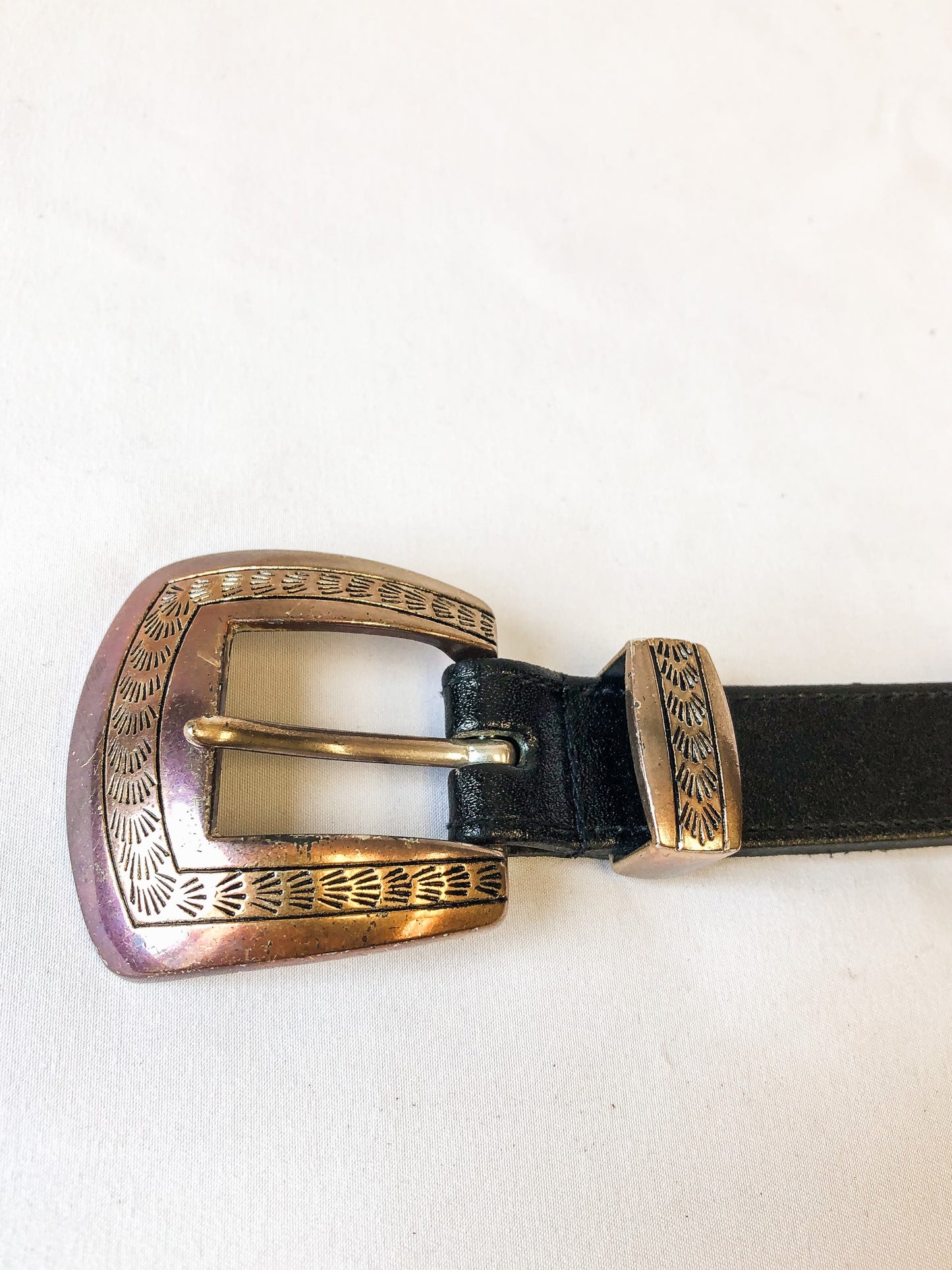 Vintage Black Leather Multicolor Beaded Belt, Size Large