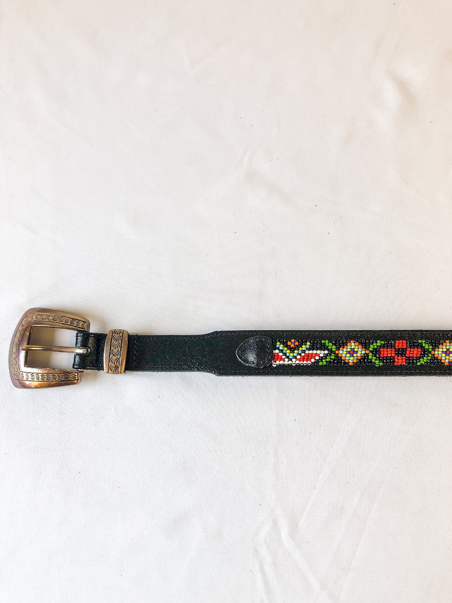 Vintage Black Leather Multicolor Beaded Belt, Size Large