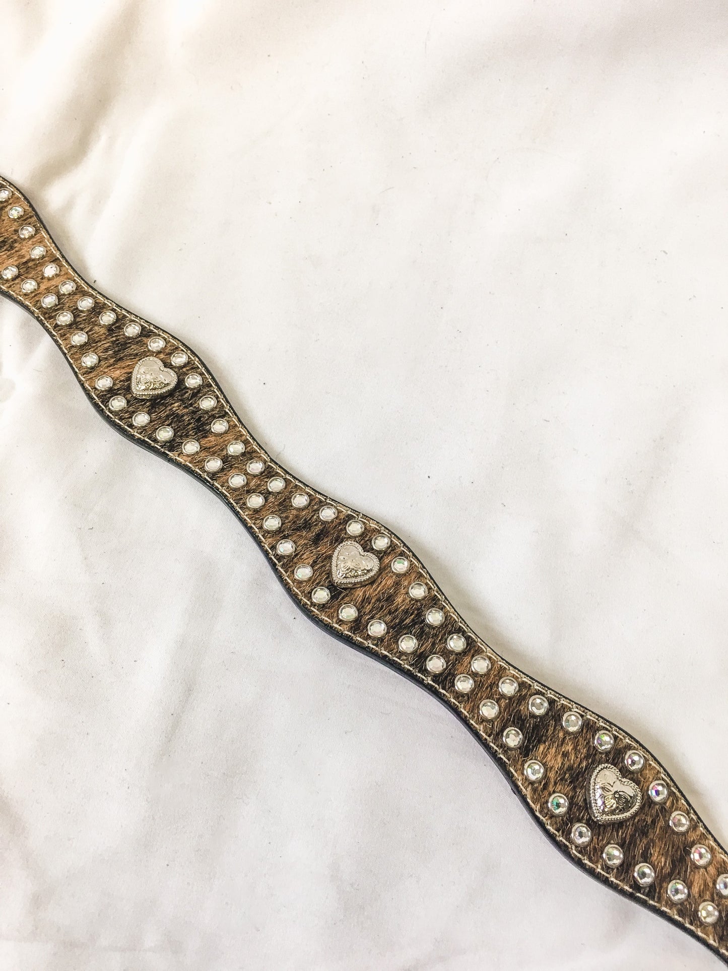 3-D Belt Co. Brown Animal Print Fur and Leather Heart Rhinestone Belt, Size 34