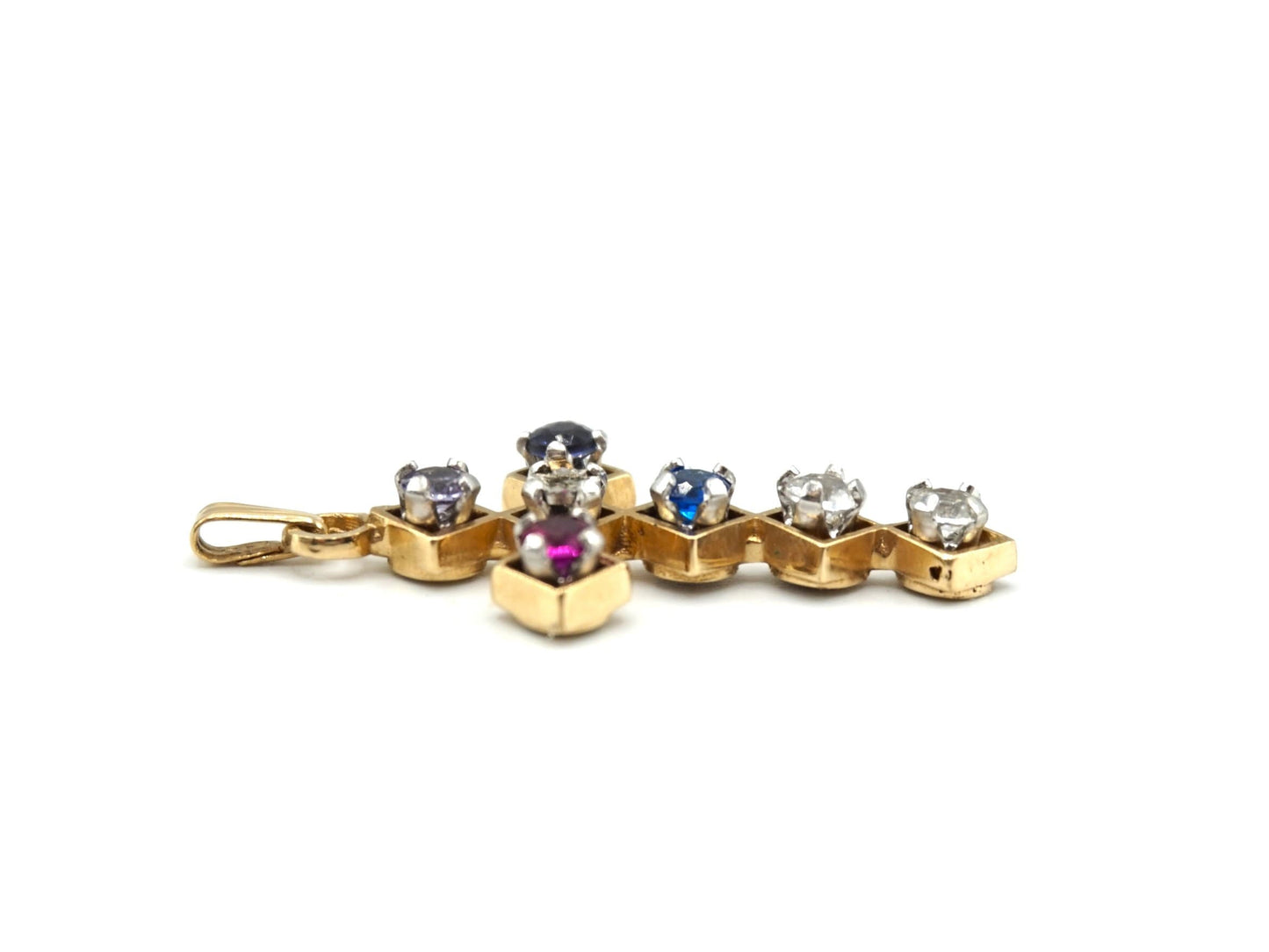 1.3in, Estate Vintage 14K Gold Multi-Stone Cross Pendant with Screw Setting, Sapphire, Amethyst