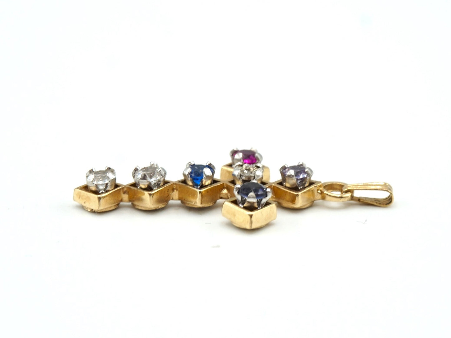 1.3in, Estate Vintage 14K Gold Multi-Stone Cross Pendant with Screw Setting, Sapphire, Amethyst