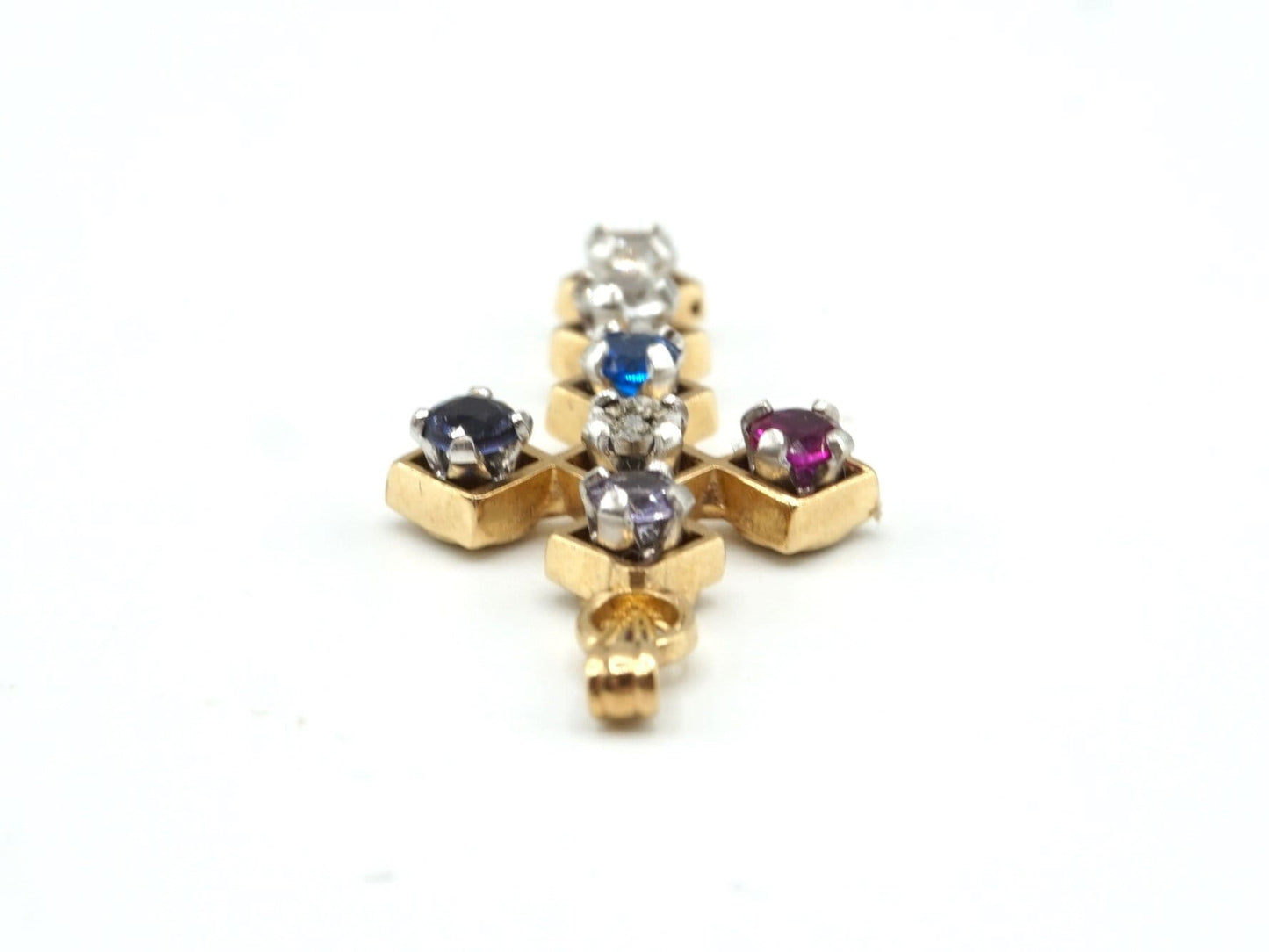 1.3in, Estate Vintage 14K Gold Multi-Stone Cross Pendant with Screw Setting, Sapphire, Amethyst