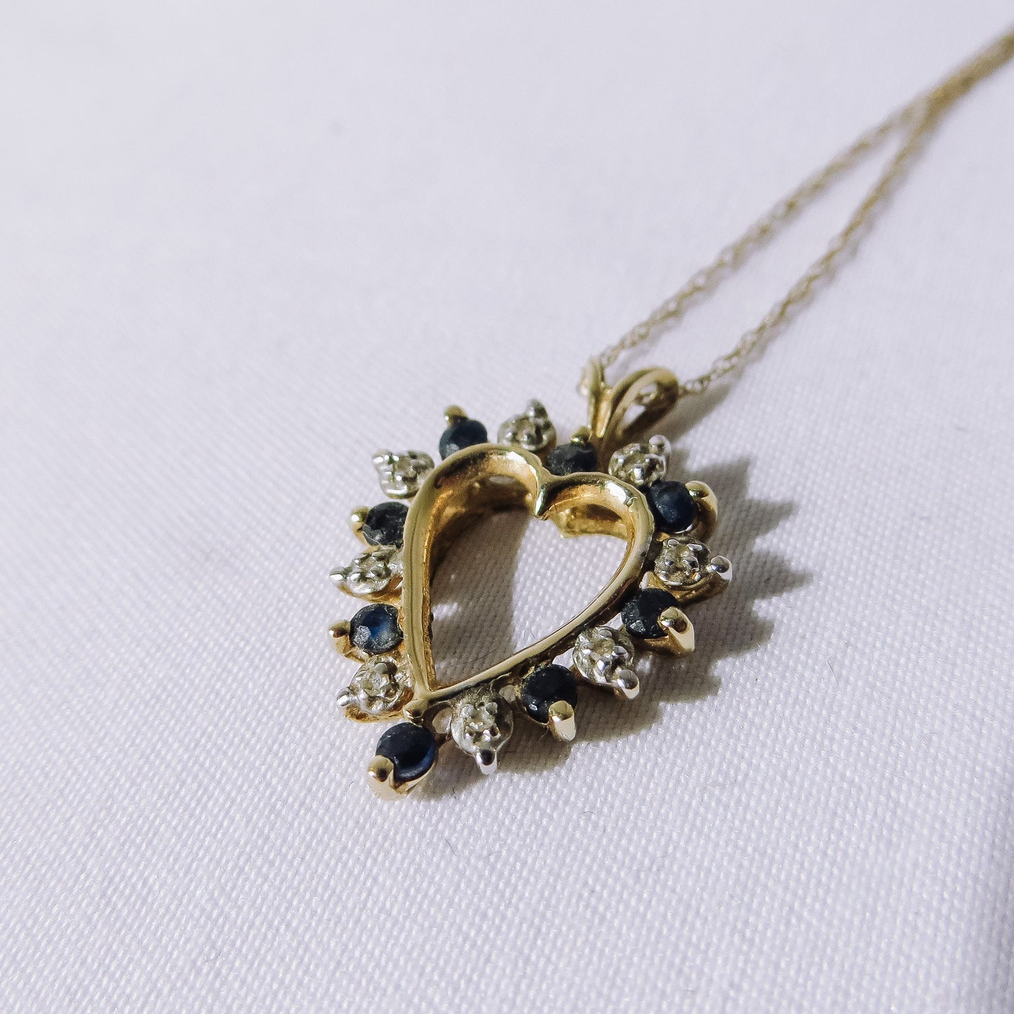 Vintage CJG Stamped 14k Gold Heart Pendant with Diamond Chip and Blue Spinel on 10k GTR Gold Chain