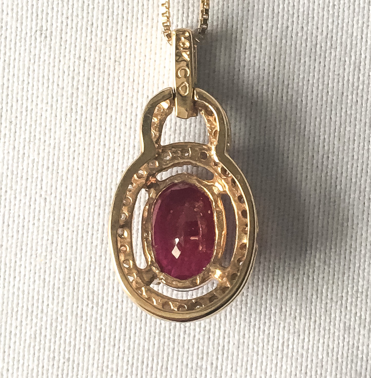 14K Yellow Gold Diamond Ruby Oval Pendant Box Chain Necklace, Roughly 18", Simple Elegant Everyday Necklace