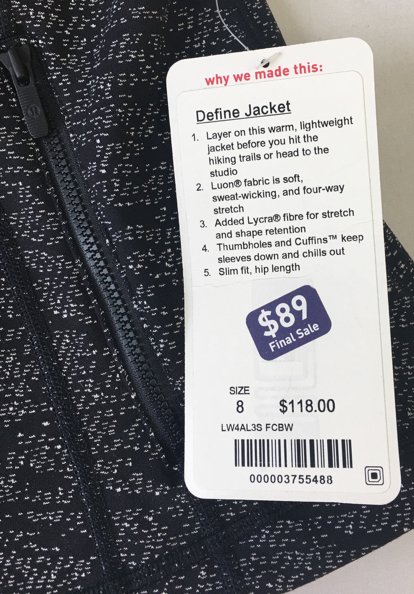 NWT Lululemon Define Jacket Women’s Black Speckled Running Jacket Size 8