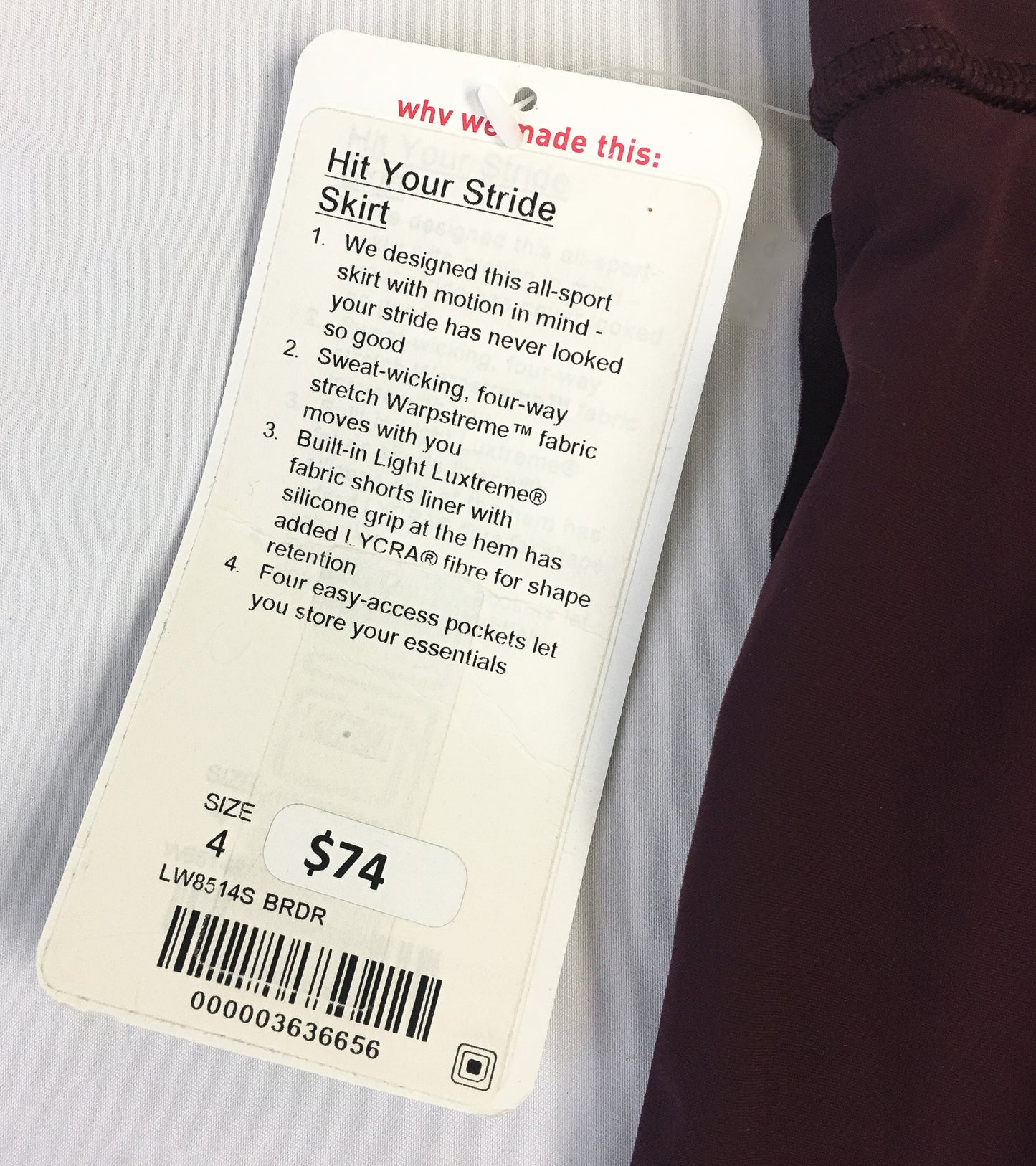 NWT Lululemon Hit Your Stride Maroon Skirt, Sz. 4
