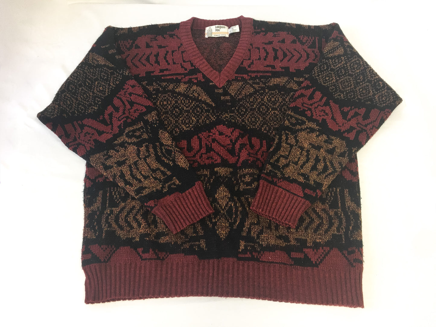 Vintage London Fog Burgundy Brown Abstract Print V-Neck Sweater, Men's Sz. XL
