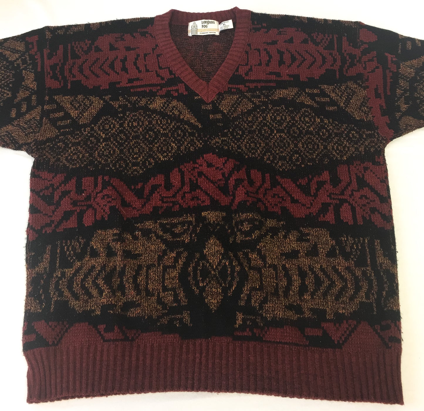 Vintage London Fog Burgundy Brown Abstract Print V-Neck Sweater, Men's Sz. XL