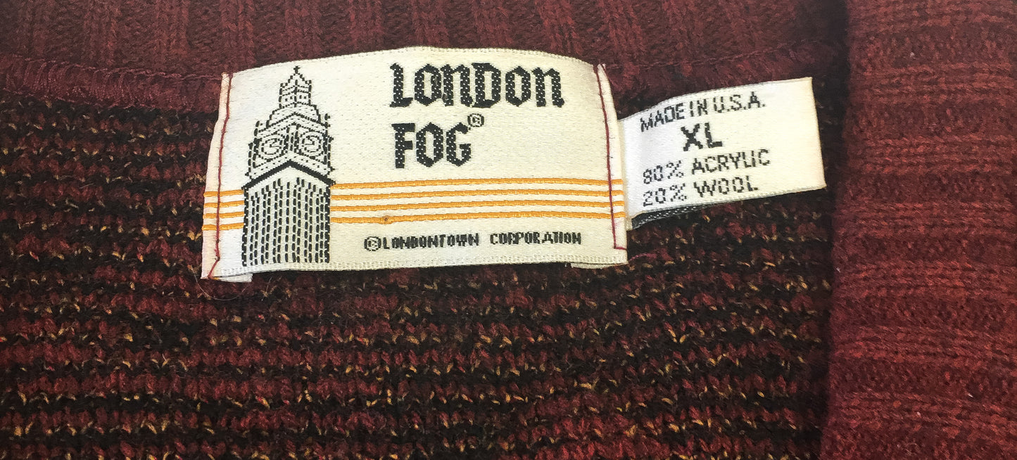Vintage London Fog Burgundy Brown Abstract Print V-Neck Sweater, Men's Sz. XL