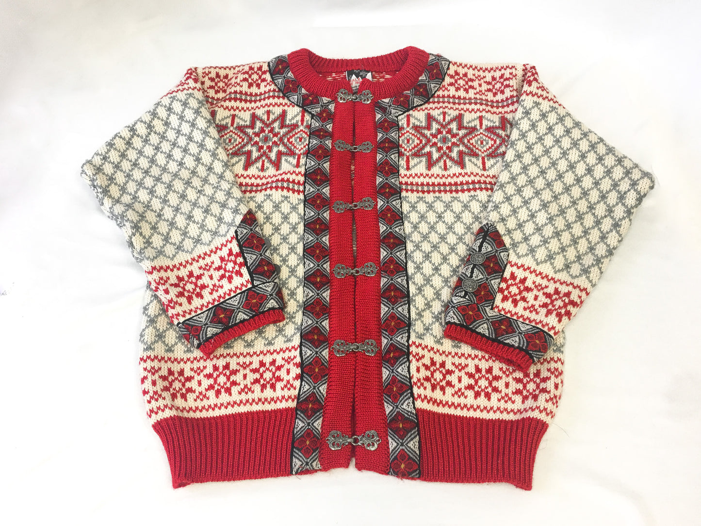 Vintage Dale of Norway Cream Red Pointsetta Fair Isle Pure Wool Nordic Sweater, Unisex Sz. L/XL