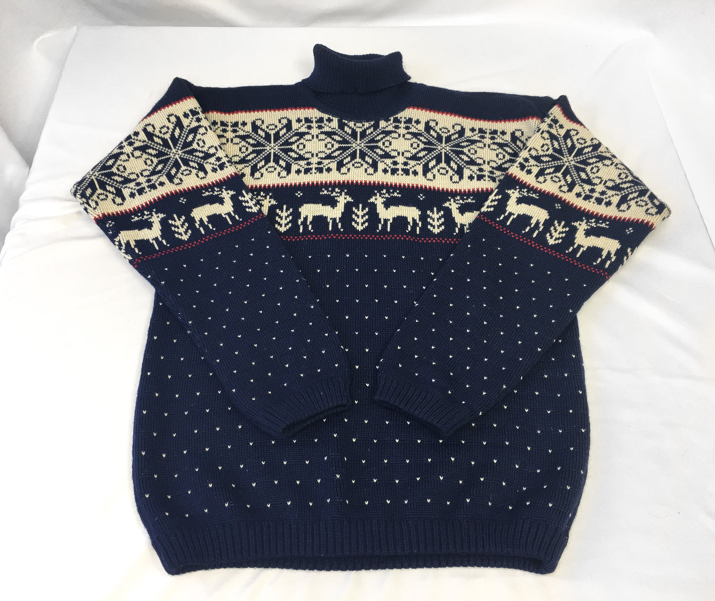 Vintage Charles Wolf Navy Cream Reindeer Snowflake Fair Isle Wool Turtleneck Sweater, Men's Sz. M