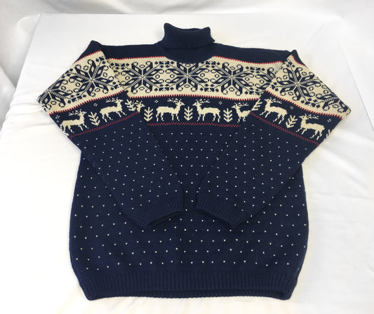 Vintage Charles Wolf Navy Cream Reindeer Snowflake Fair Isle Wool Turtleneck Sweater, Men's Sz. M