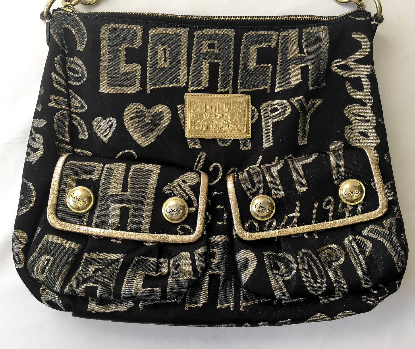 Y2K 00s Coach Poppy Black and Gold Double Pocket Canvas Leather Metallic Shoulder Bag and Matching Wristlet