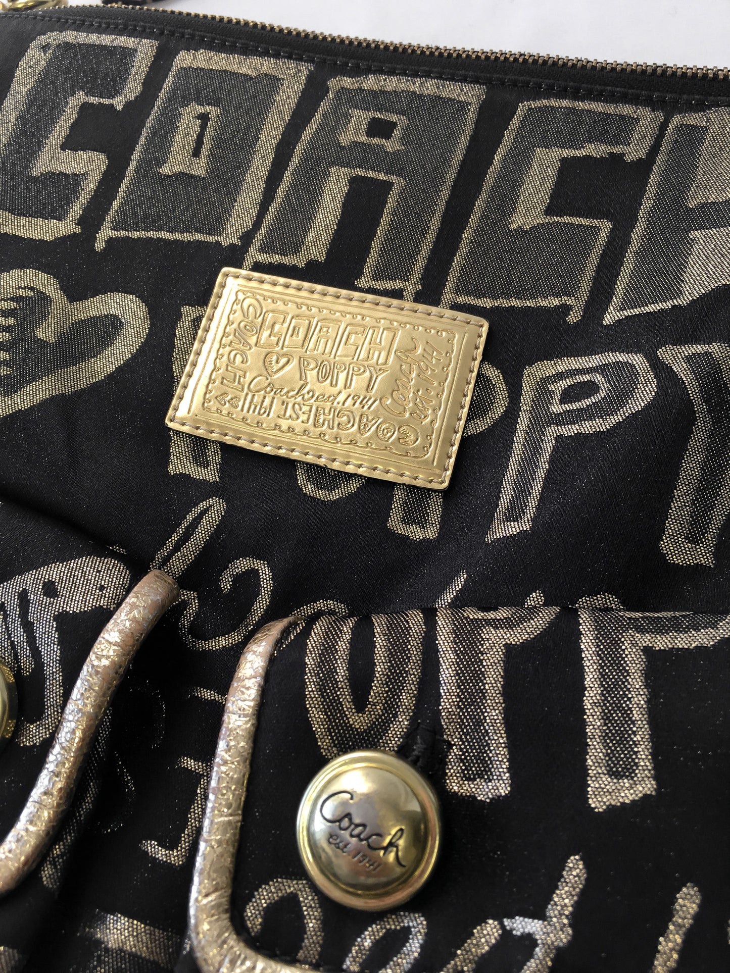 Y2K 00s Coach Poppy Black and Gold Double Pocket Canvas Leather Metallic Shoulder Bag and Matching Wristlet