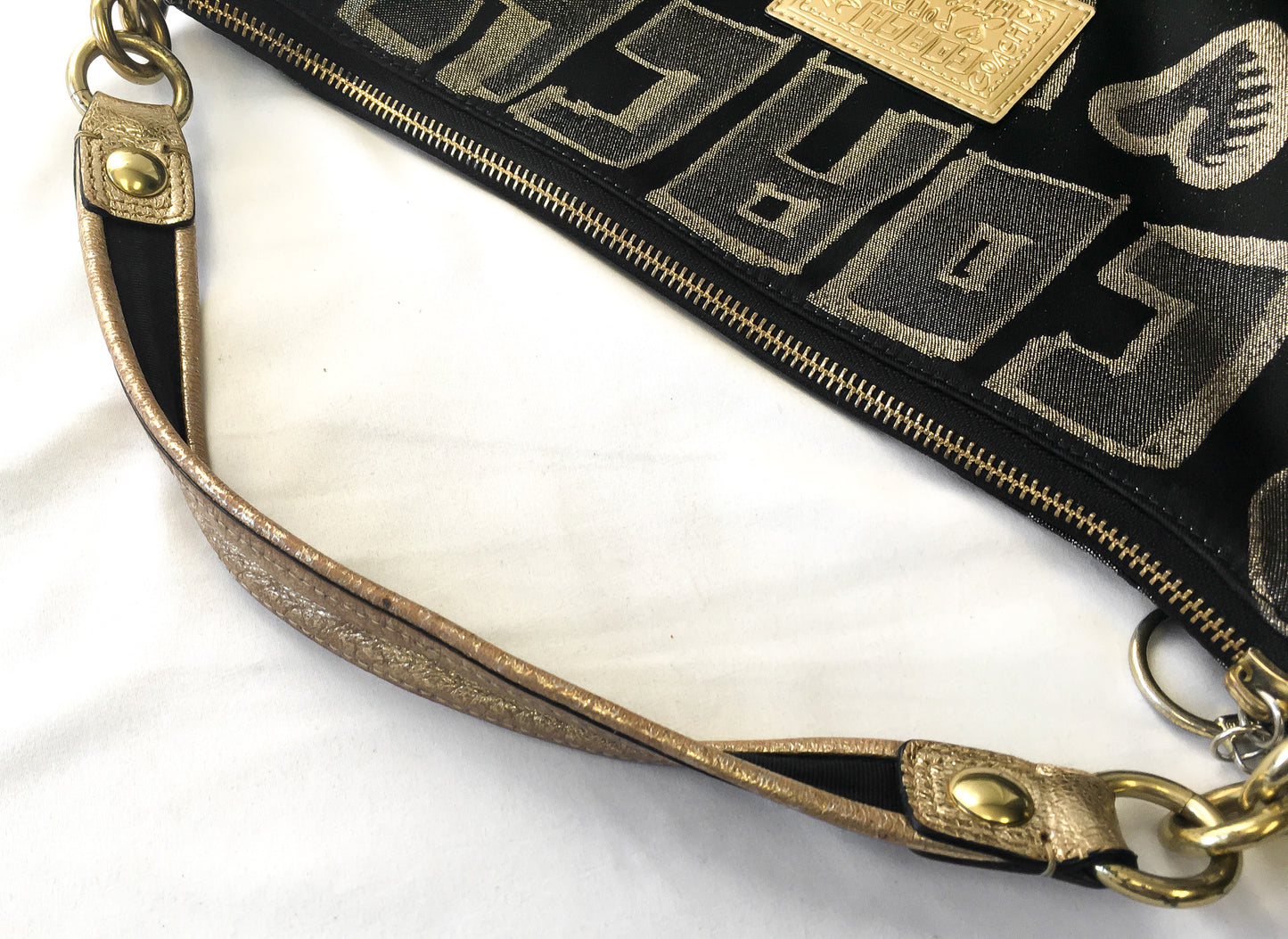 Y2K 00s Coach Poppy Black and Gold Double Pocket Canvas Leather Metallic Shoulder Bag and Matching Wristlet