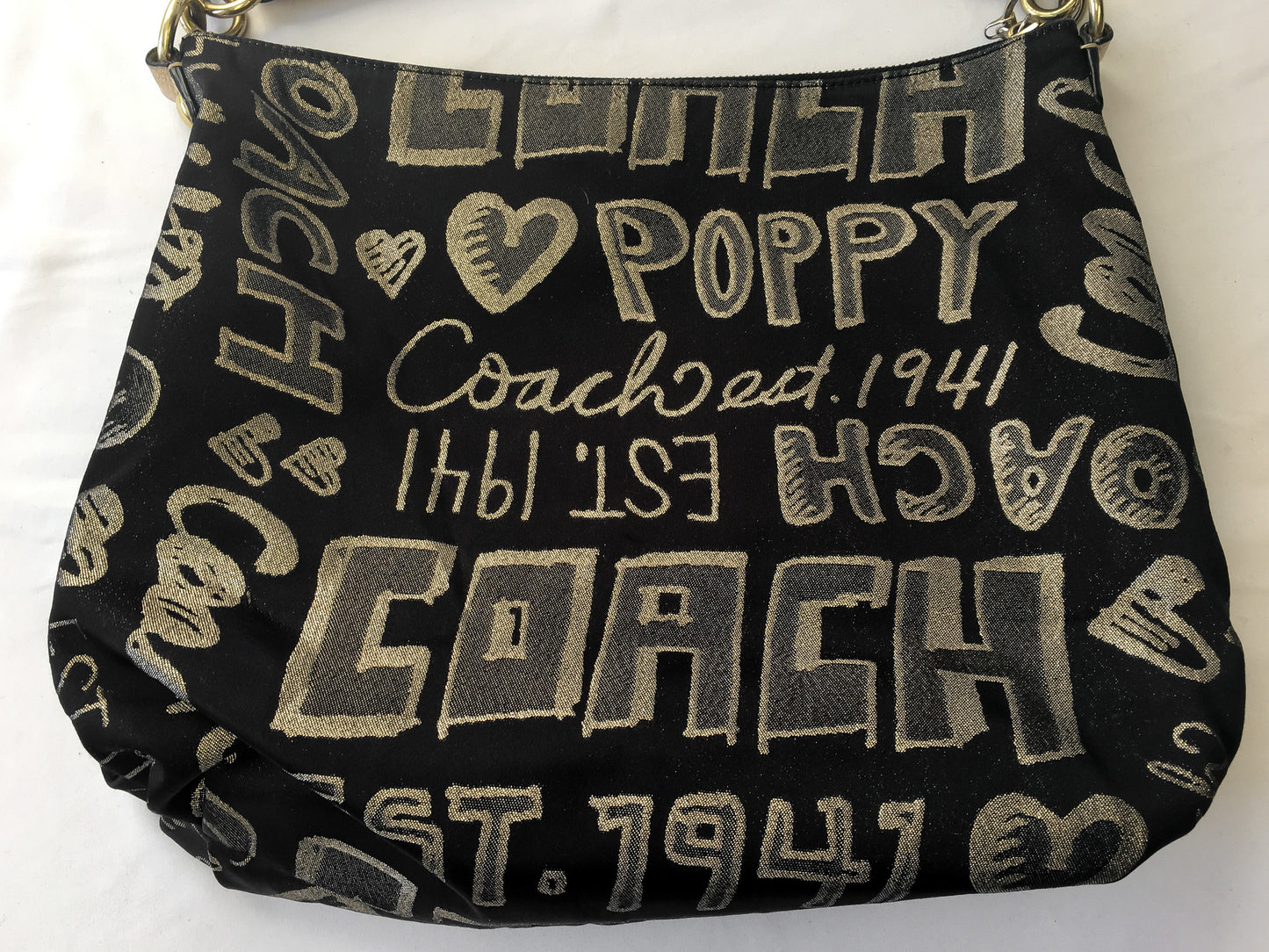 Y2K 00s Coach Poppy Black and Gold Double Pocket Canvas Leather Metallic Shoulder Bag and Matching Wristlet