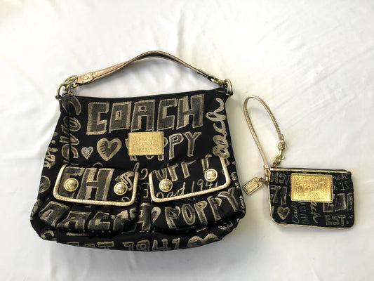 Y2K 00s Coach Poppy Black and Gold Double Pocket Canvas Leather Metallic Shoulder Bag and Matching Wristlet