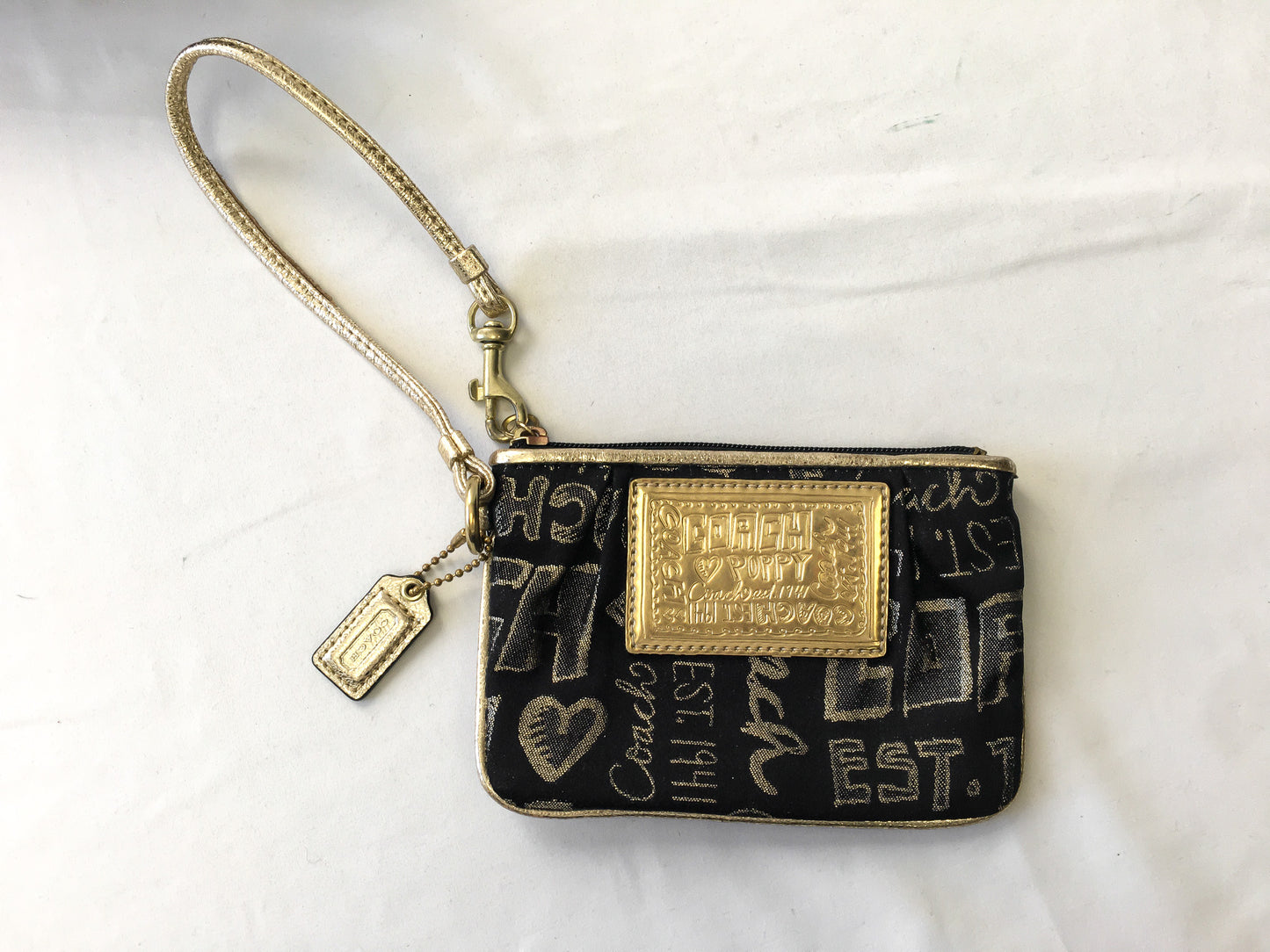 Y2K 00s Coach Poppy Black and Gold Double Pocket Canvas Leather Metallic Shoulder Bag and Matching Wristlet