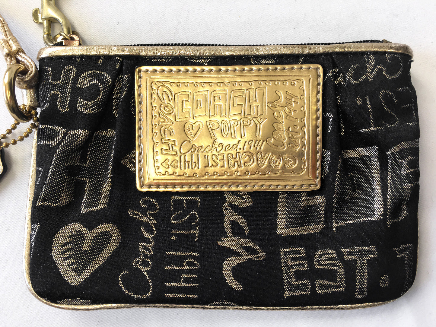 Y2K 00s Coach Poppy Black and Gold Double Pocket Canvas Leather Metallic Shoulder Bag and Matching Wristlet