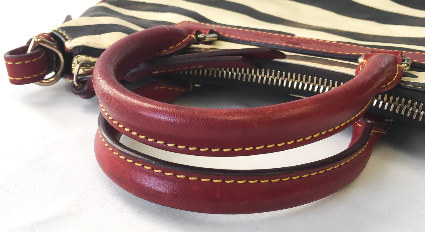 Y2K 00s Dooney and Bourke Cream/Black Burnished Safari Zebra Print Satchel Handbag