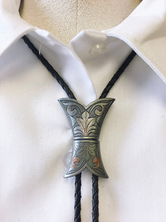 Western Bolo Tie with Two Piece Craved Metal Detail