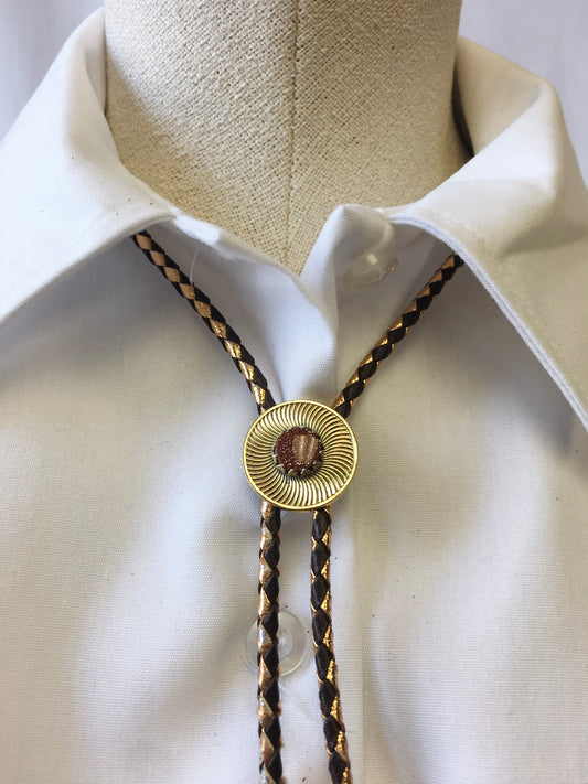 Western Bolo Tie with Metallic Gold Cord and Stone Detail