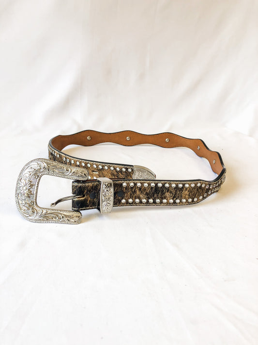 3-D Belt Co. Brown Animal Print Fur and Leather Heart Rhinestone Belt, Size 34