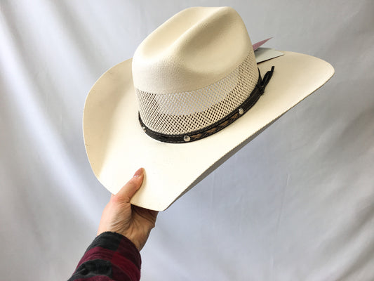 NWT Freedom by American Hat Makers Cream/Off-White Straw Cowboy Hat with Brown Leather Studded Braided Band, Sz. XL