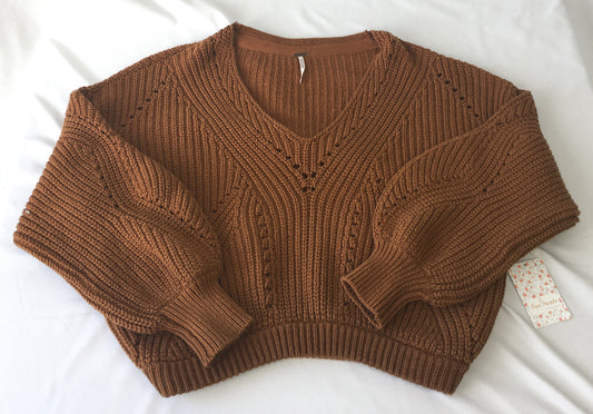 NWT Free People Brown Knit V-Neck Sweater, Sz. XS