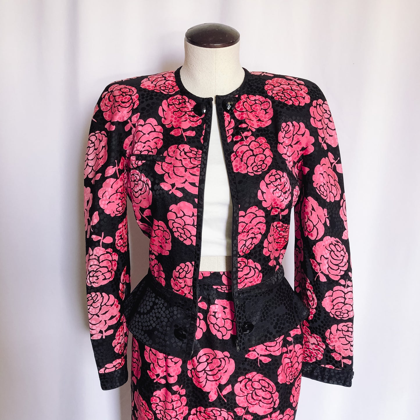 Vintage 80s VALENTINO NIGHT Silk Pink Floral Suit Set, Sz. 10