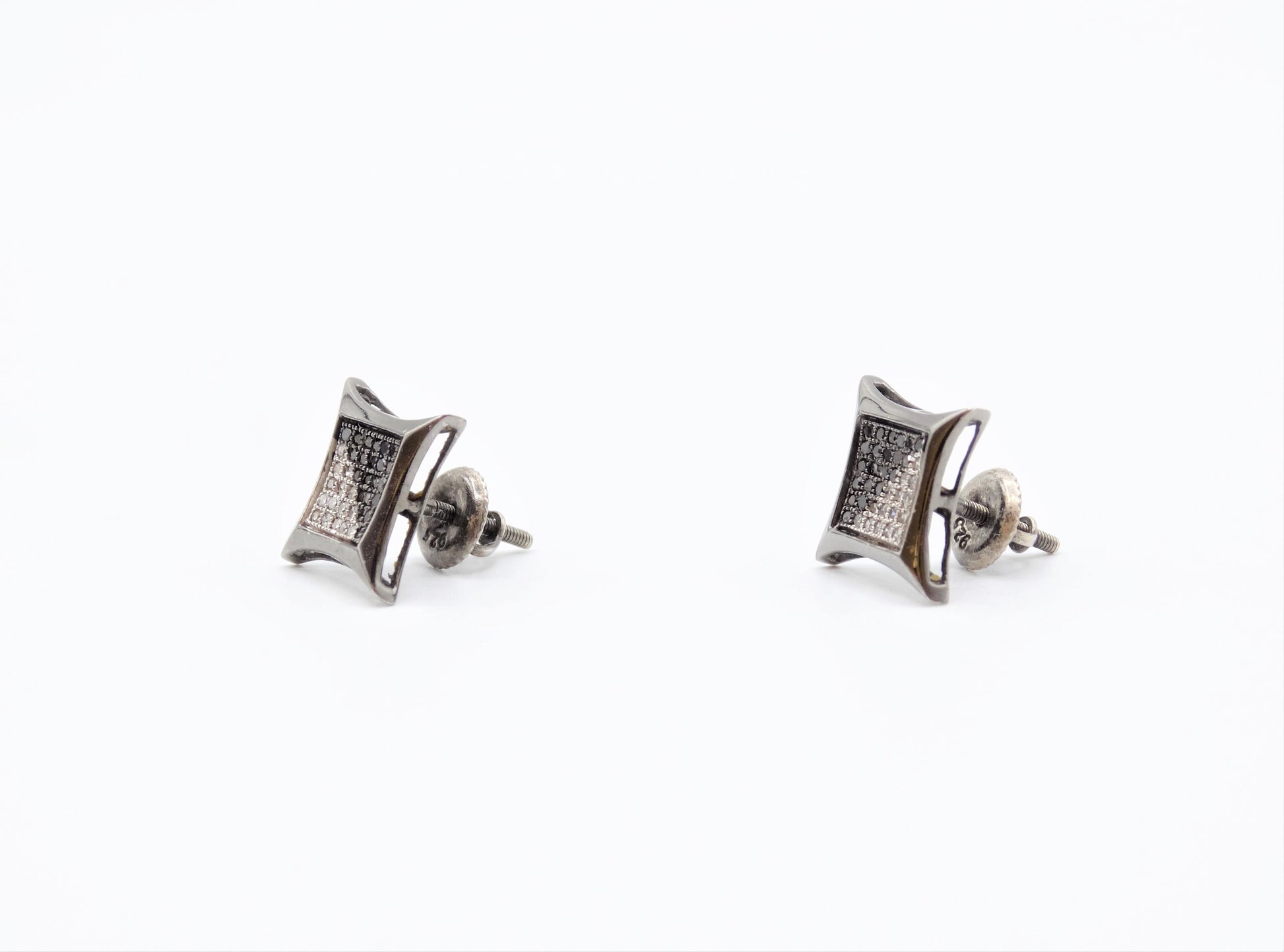 Circa 1910, Vintage, Beveled Square Black and White Diamond Sterling Screw Back Stud Earrings, Vintage Geo Studs, Square Diamond Studs