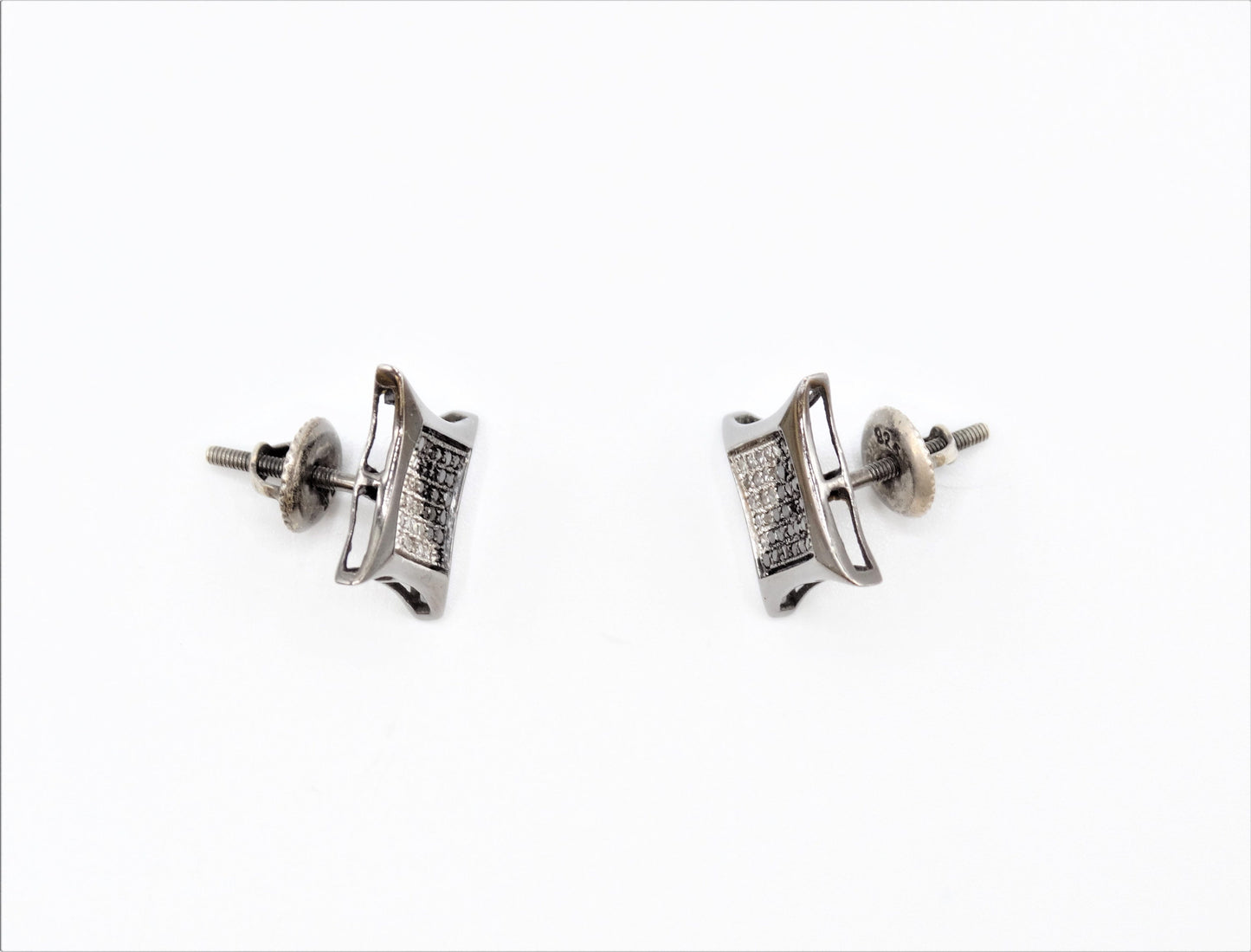 Circa 1910, Vintage, Beveled Square Black and White Diamond Sterling Screw Back Stud Earrings, Vintage Geo Studs, Square Diamond Studs