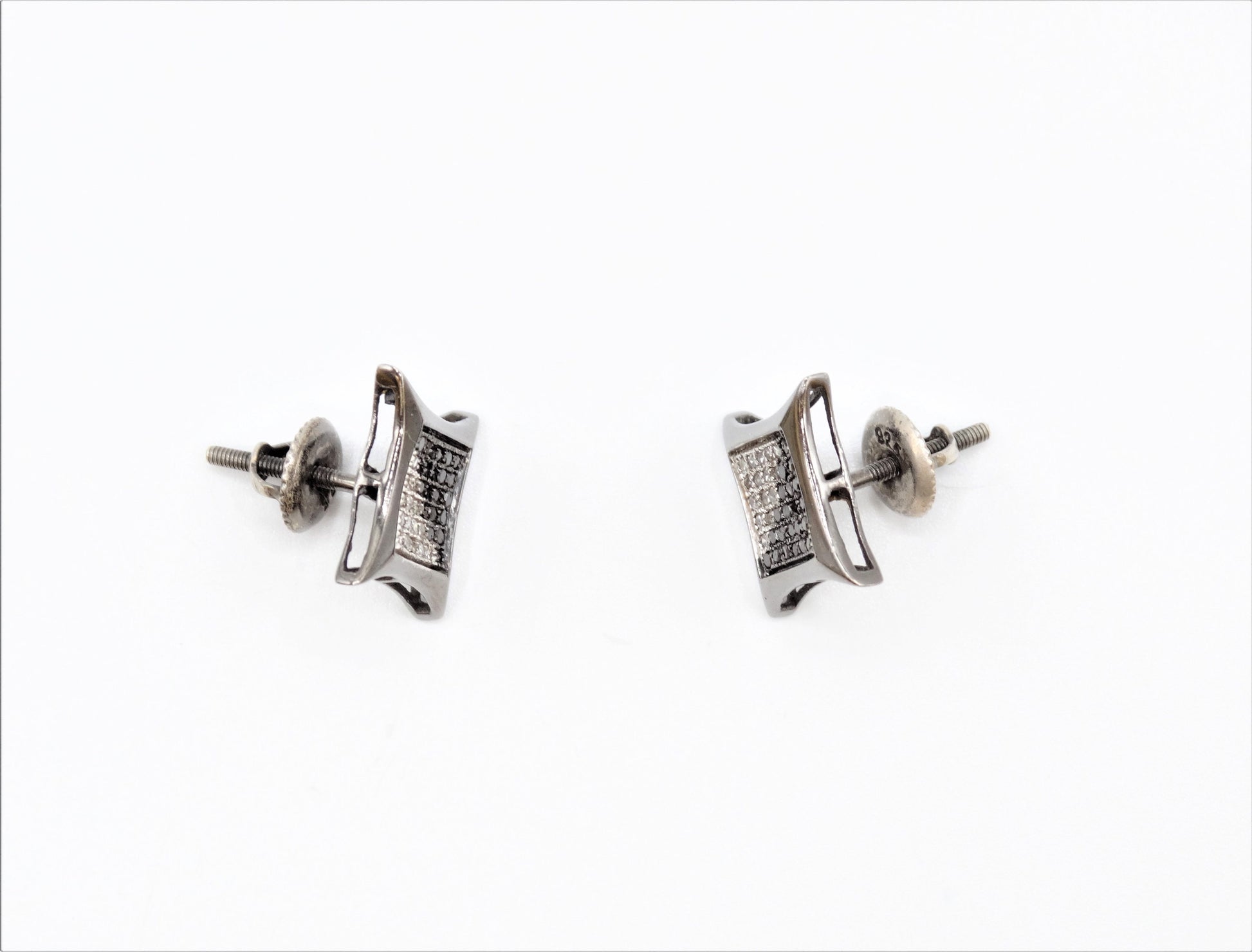 Circa 1910, Vintage, Beveled Square Black and White Diamond Sterling Screw Back Stud Earrings, Vintage Geo Studs, Square Diamond Studs