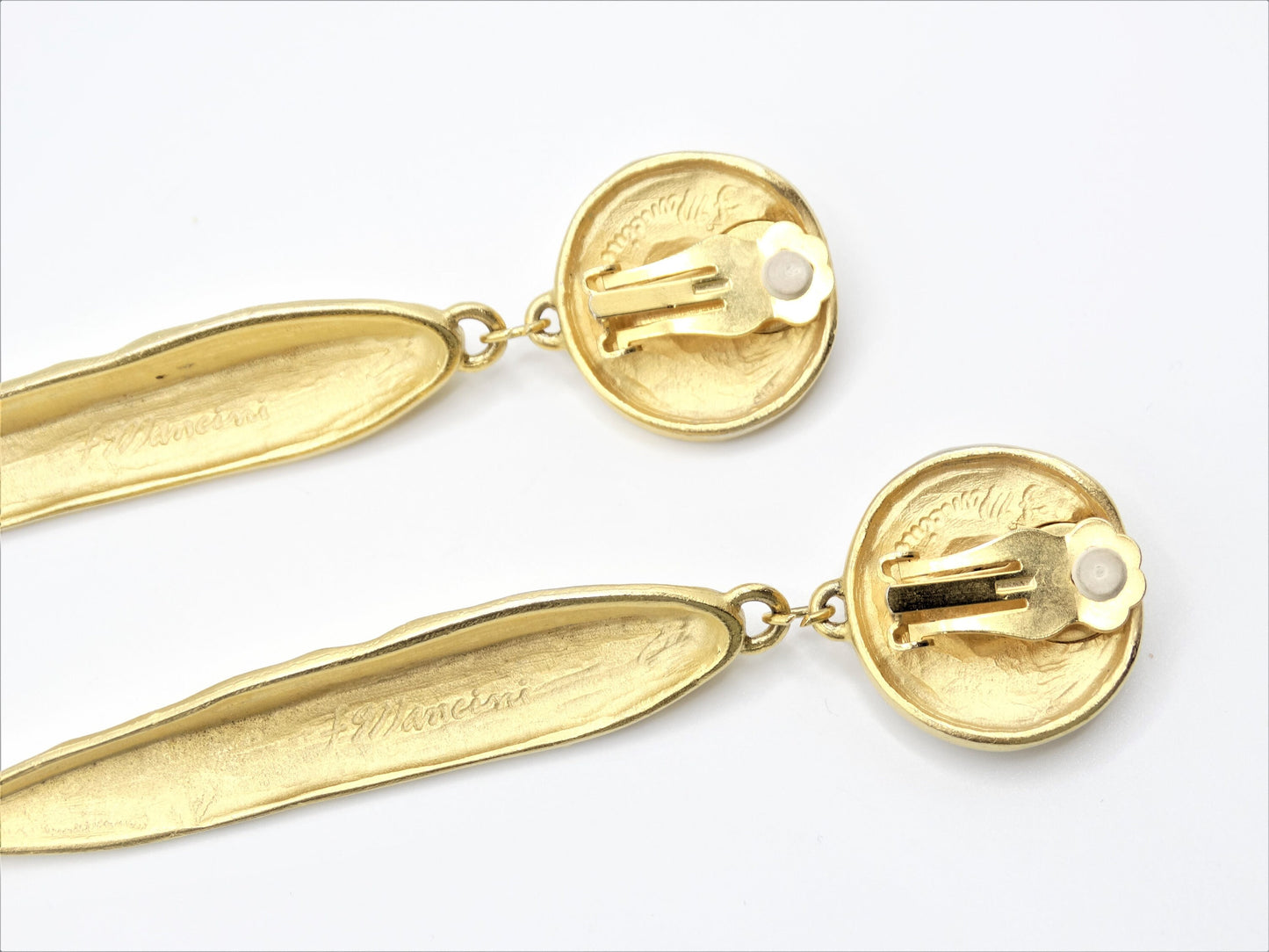 Vintage 1980s, F MANCINI Signed MATTE Gold Plated Clip On Statement Earrings, Vintage Collectors Costume Jewelry, 80s Gold Clip On Earrings