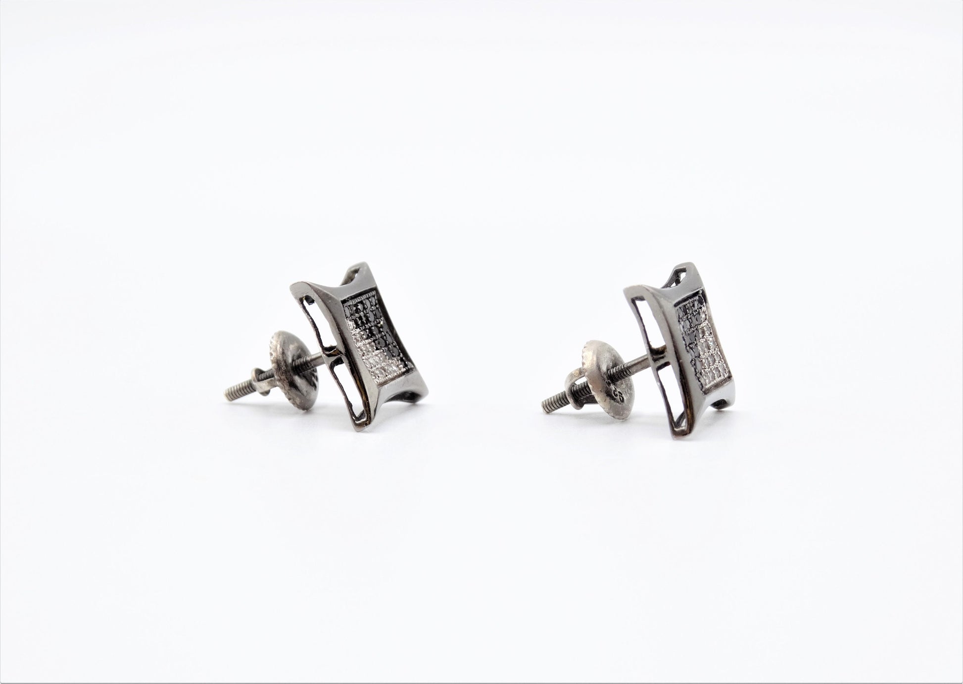 Circa 1910, Vintage, Beveled Square Black and White Diamond Sterling Screw Back Stud Earrings, Vintage Geo Studs, Square Diamond Studs