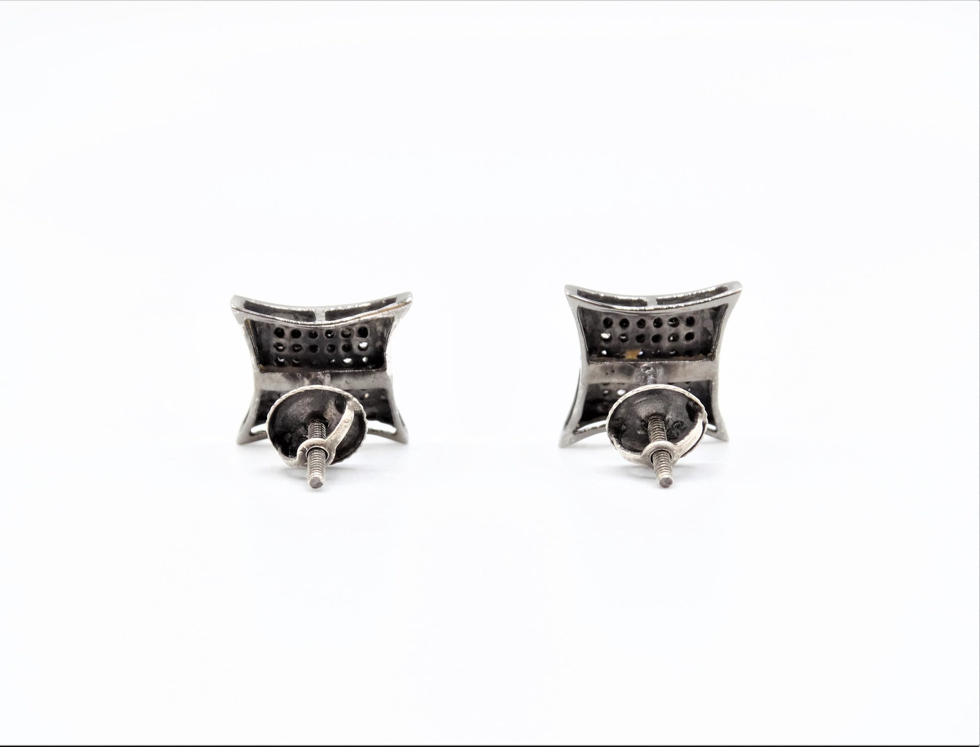 Circa 1910, Vintage, Beveled Square Black and White Diamond Sterling Screw Back Stud Earrings, Vintage Geo Studs, Square Diamond Studs