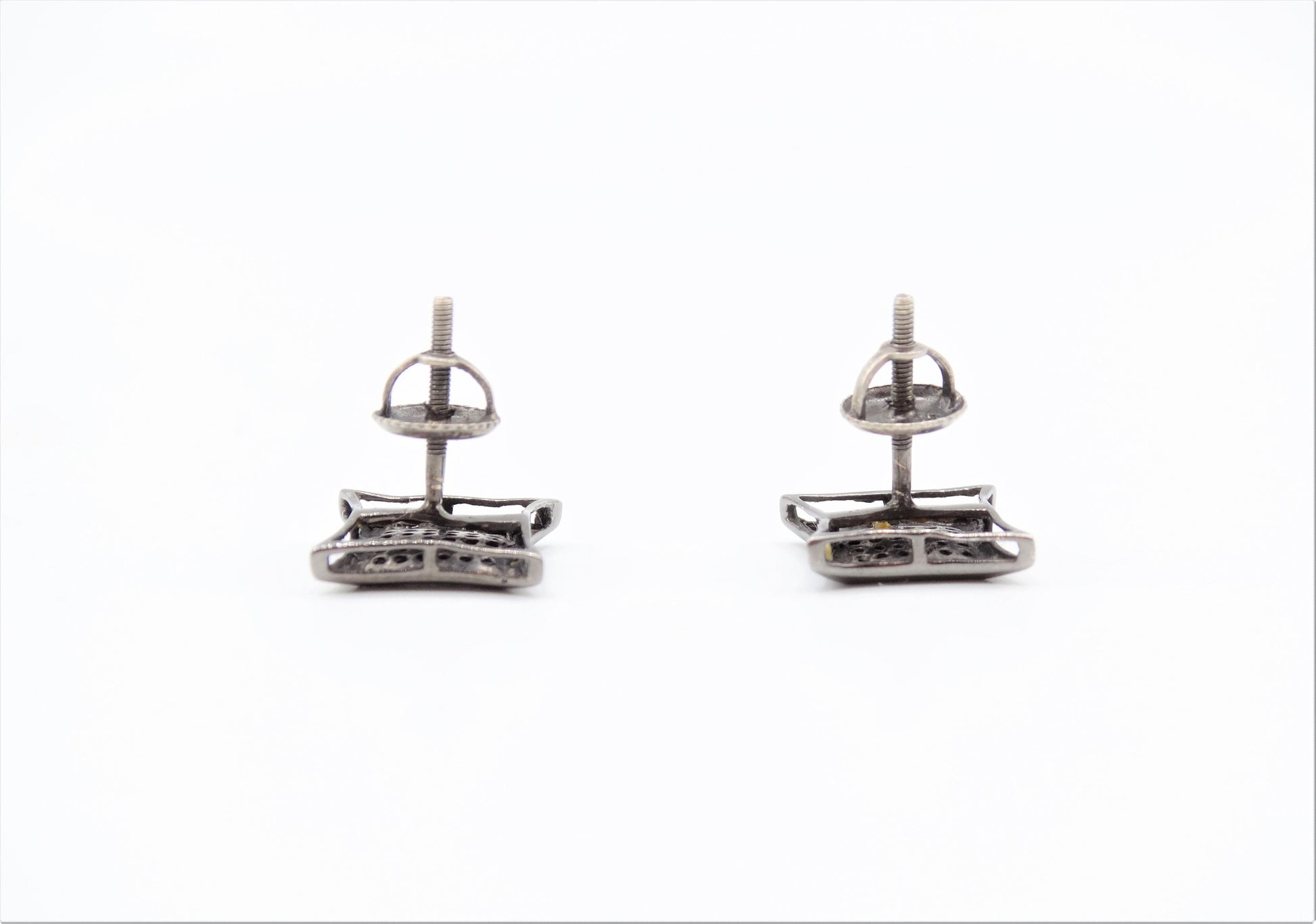 Circa 1910, Vintage, Beveled Square Black and White Diamond Sterling Screw Back Stud Earrings, Vintage Geo Studs, Square Diamond Studs