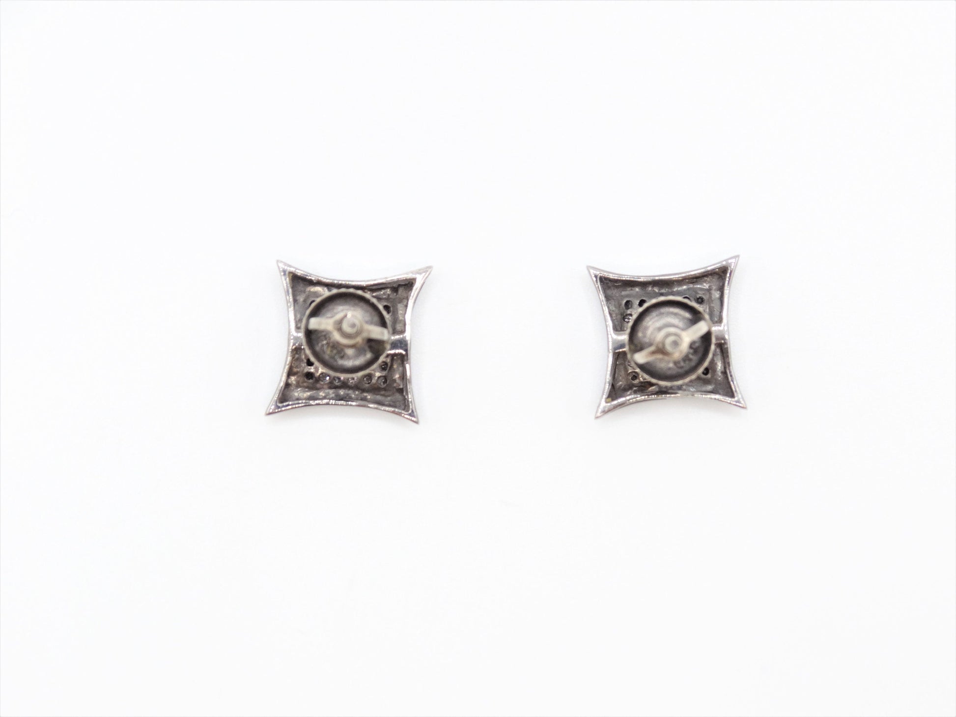 Circa 1910, Vintage, Beveled Square Black and White Diamond Sterling Screw Back Stud Earrings, Vintage Geo Studs, Square Diamond Studs