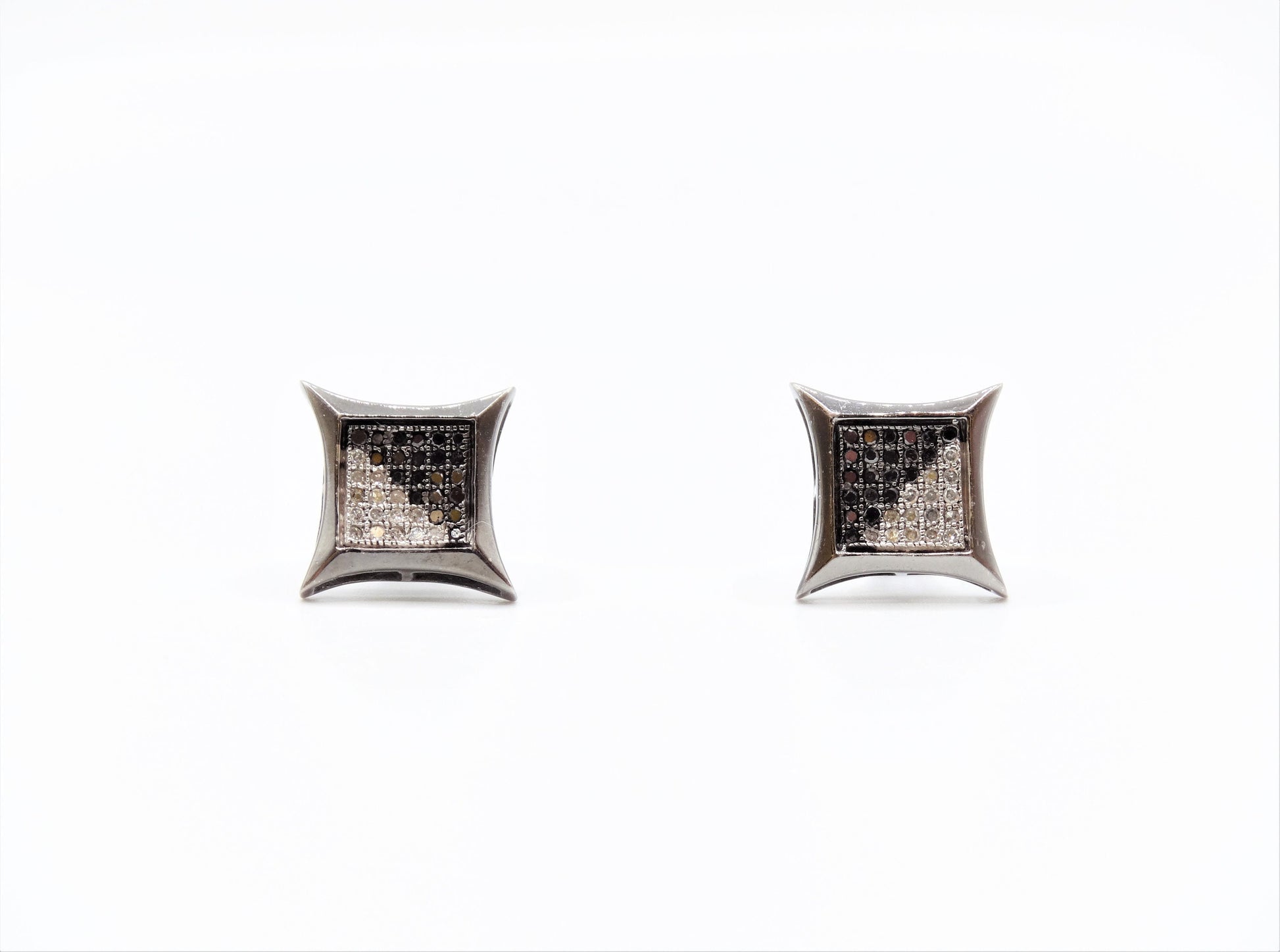 Circa 1910, Vintage, Beveled Square Black and White Diamond Sterling Screw Back Stud Earrings, Vintage Geo Studs, Square Diamond Studs