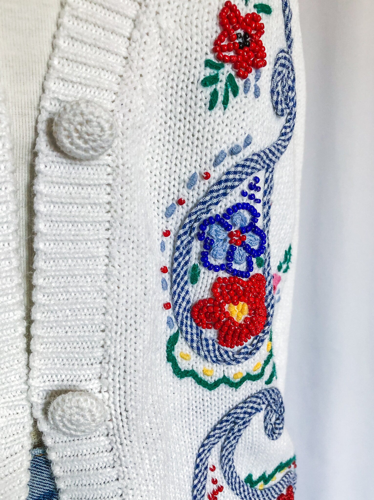 Vintage Susan Bristol White Cardigan, Floral Beaded Sweater, Petite