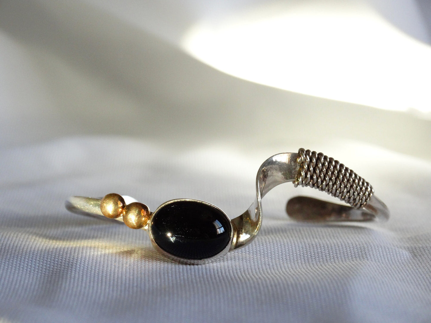 Vintage Sterling Silver 12K GF Black Onyx Native American Cuff Bracelet, Collectors Jewelry